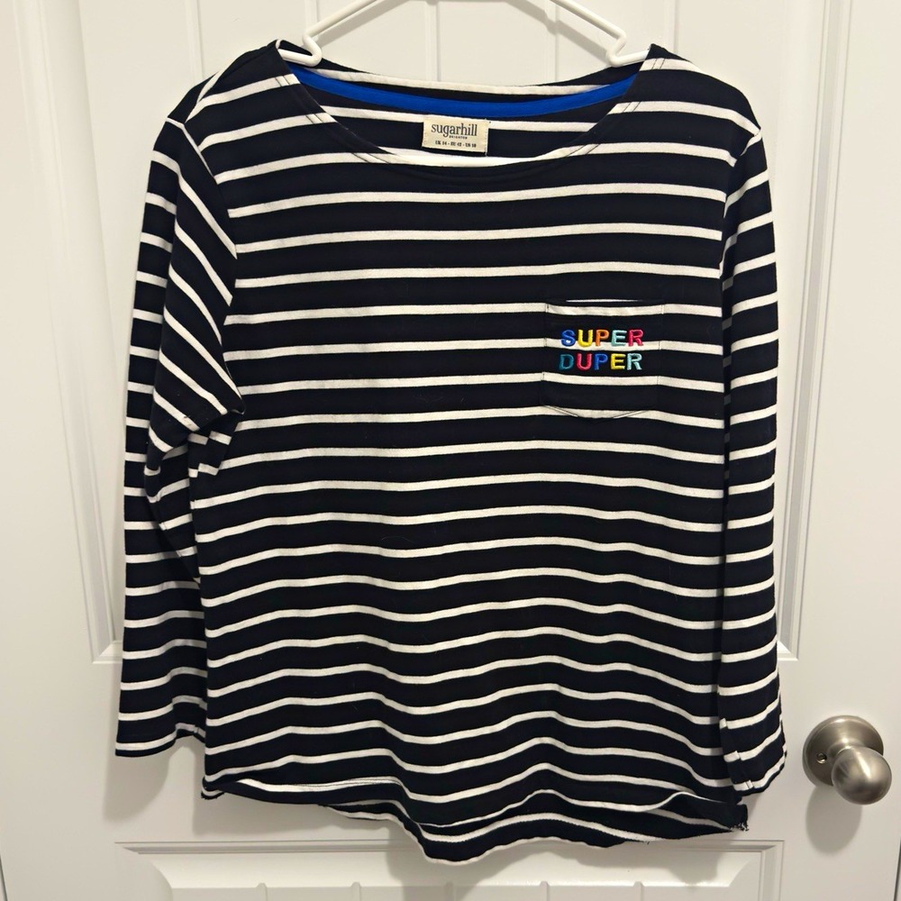 Sugarhill Brighton Women's Black White Striped Embroidered 3/4 Sleeve Top Sz 10